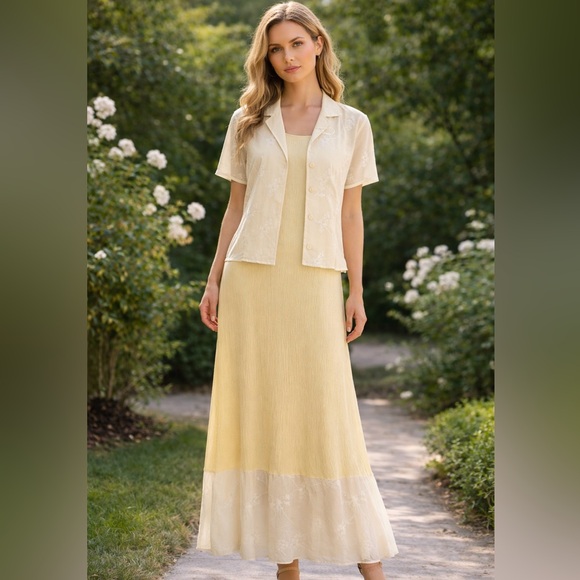 Vintage Dresses & Skirts - Vintage Pale Yellow Gauzy Maxi Dress & Sheer Embroidered Top Set M (8/10)